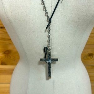 Handmade vintage crucifix cross rosary bead leather boho chain necklace hallmark